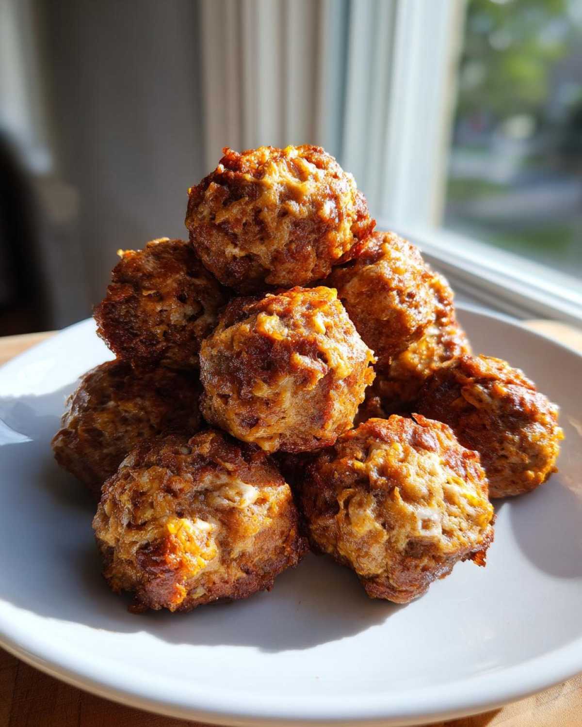 A stack of golden brown, baked cream cheese sausage balls piled high on a white plate near a bright window.