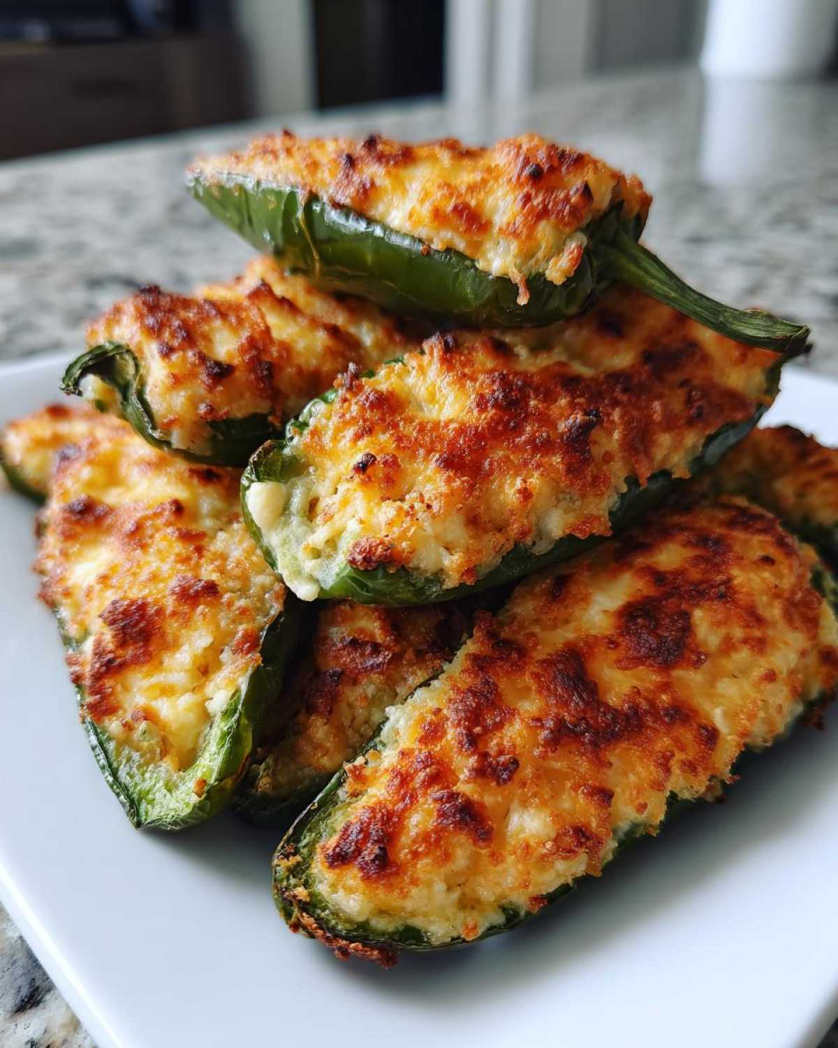 A stack of baked Jalapeño poppers with golden brown, cheesy tops resting on a white plate.