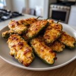 A pile of freshly baked jalapeño poppers with melted, browned cheese topping served on a light gray plate.