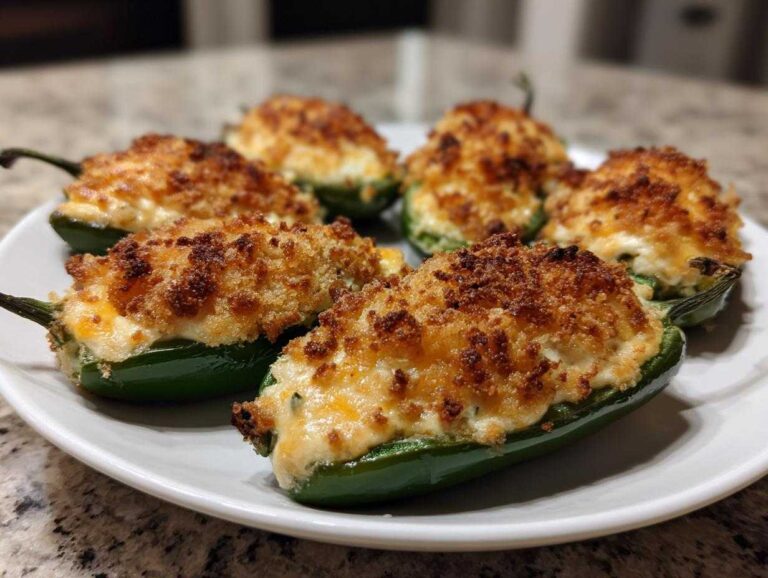 A plate of six baked jalapeño poppers stuffed with creamy filling and topped with crispy breadcrumbs.