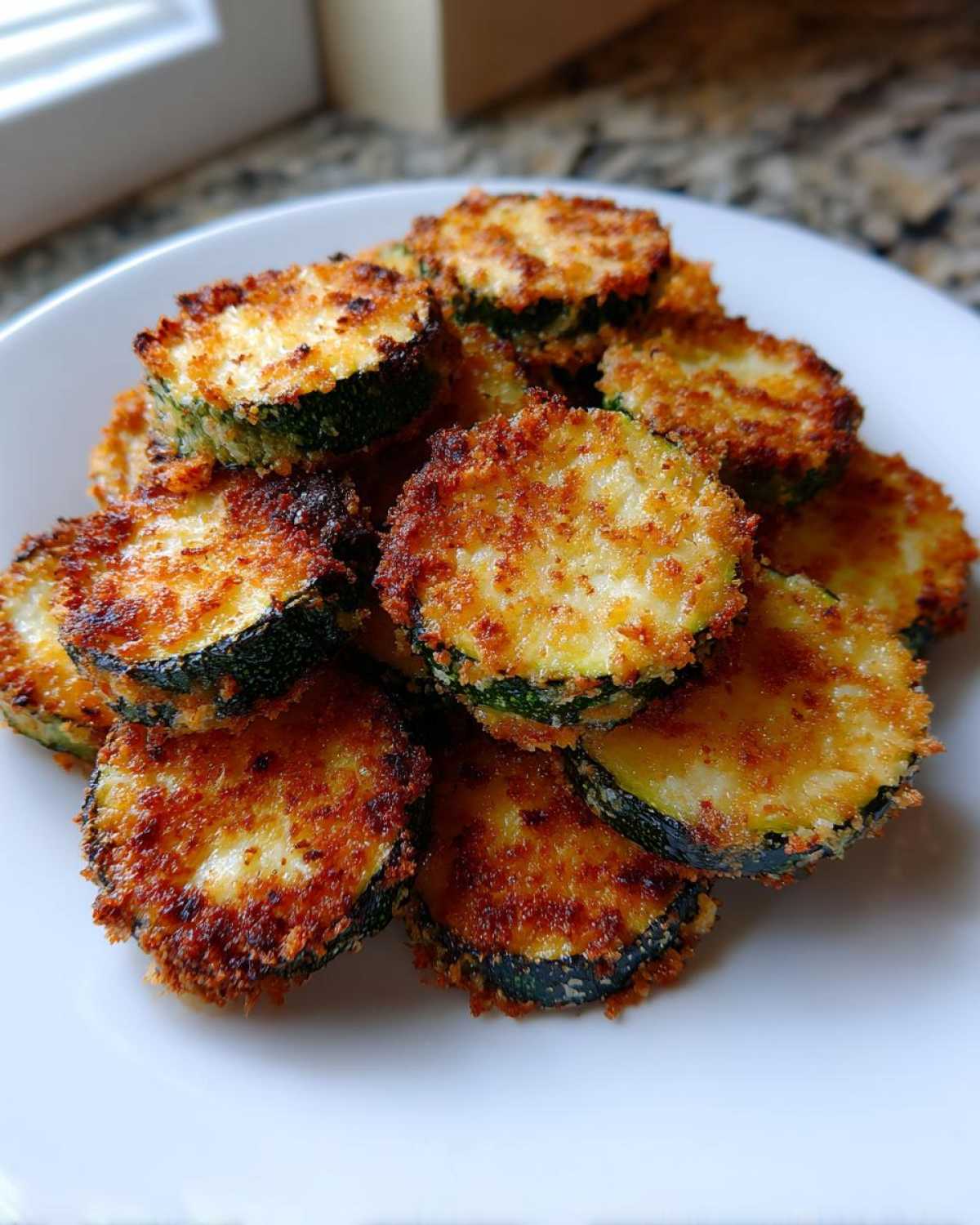 A pile of golden brown, crispy baked parmesan zucchini slices served on a white plate.