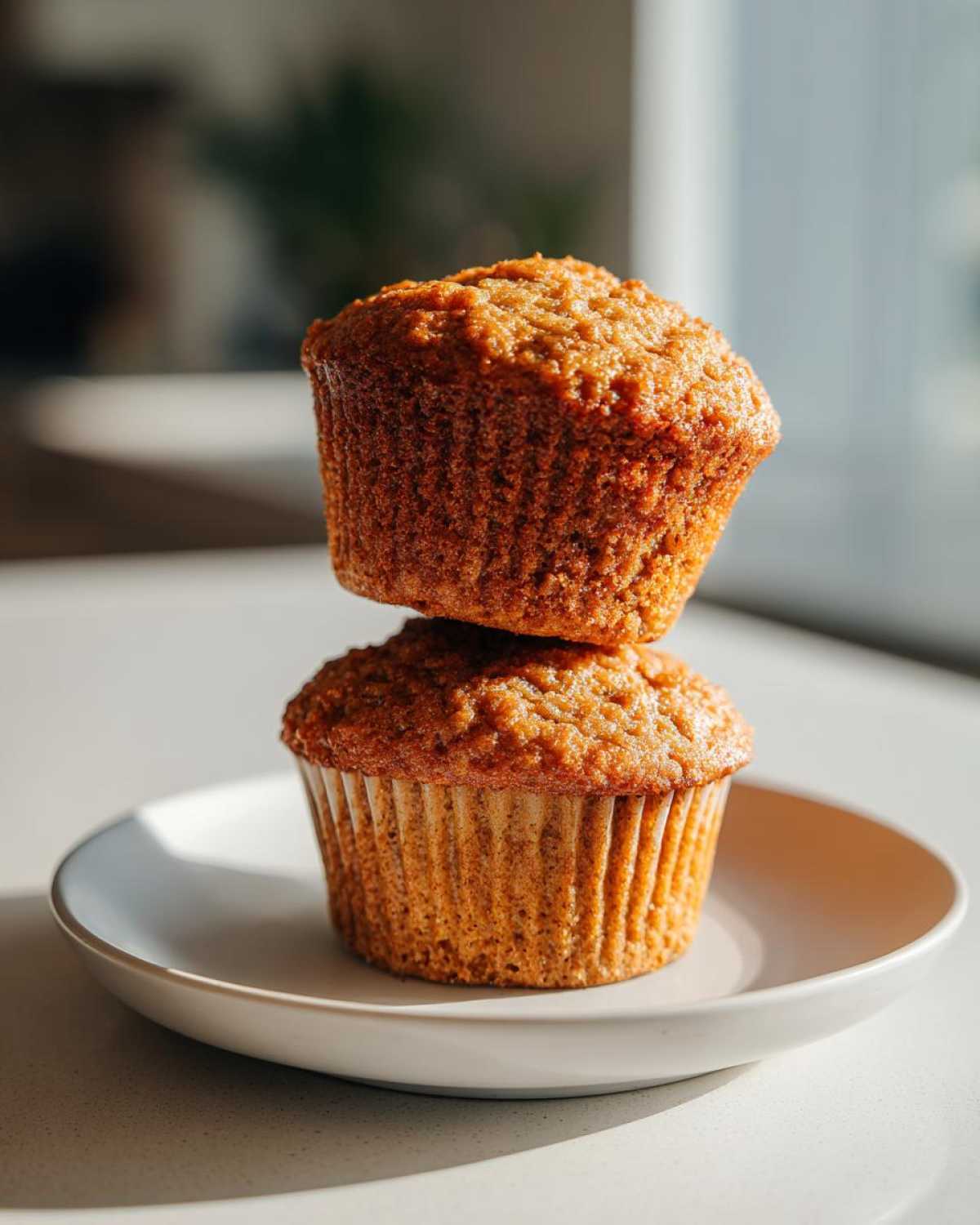 Two golden brown banana protein muffins stacked vertically on a small white plate, brightly lit by natural light.