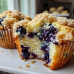 A close-up of a crumb-topped blueberry muffin broken in half, showing the moist interior packed with fresh blueberries.