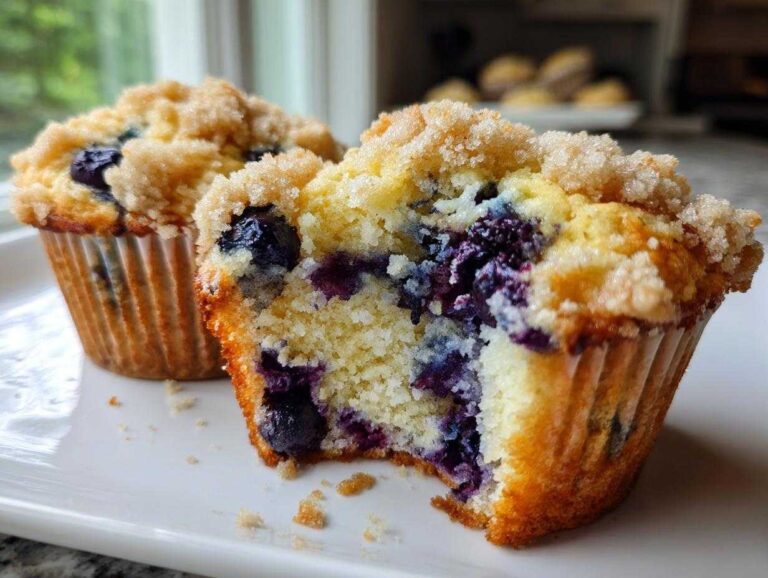 A close-up of a crumb-topped blueberry muffin broken in half, showing the moist interior packed with fresh blueberries.