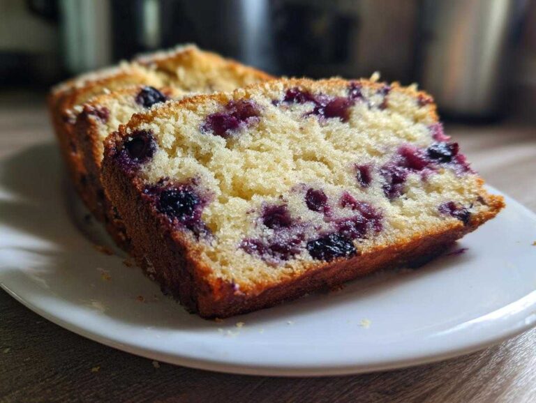 Close-up of two thick slices of moist blueberry banana bread showing juicy blueberries baked into the crumb.