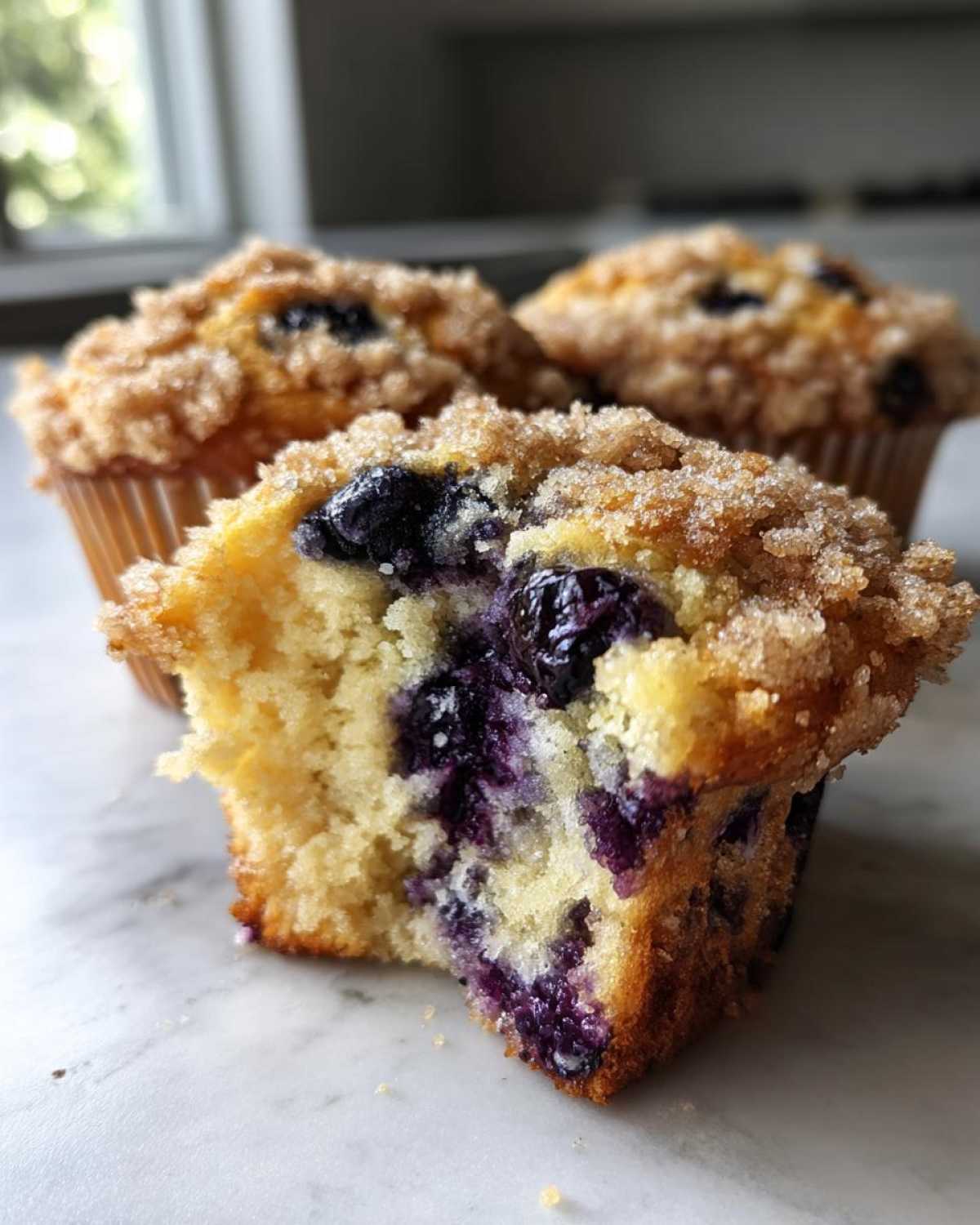 A close-up of a bitten blueberry muffins showing the moist interior packed with blueberries and a sugary streusel top.