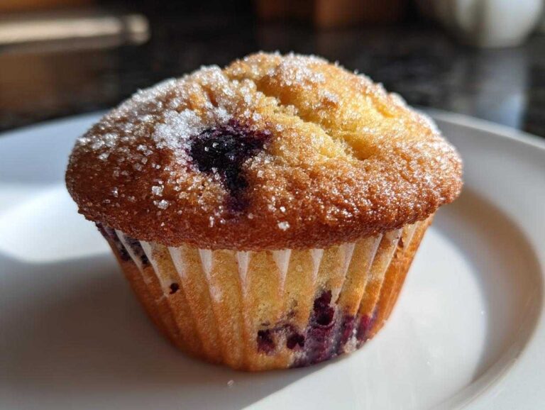 A golden brown blueberry protein muffin topped generously with coarse sugar crystals, sitting on a white plate.