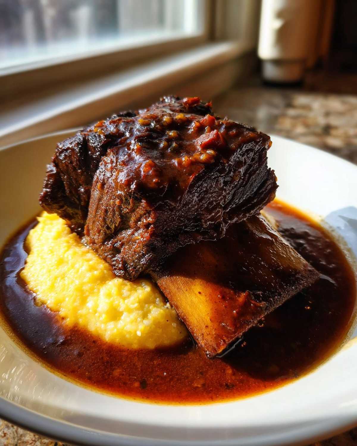 Two tender braised short ribs served over bright yellow polenta, swimming in rich brown sauce.