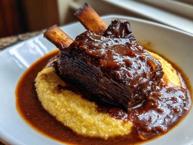 A close-up of tender braised short ribs smothered in rich sauce, served over creamy polenta.