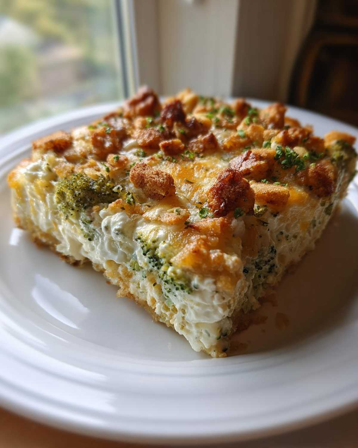 A thick slice of creamy broccoli casserole topped with golden croutons and herbs, served on a white plate.