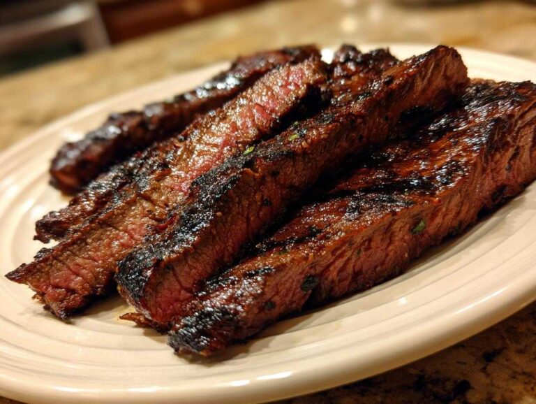 Close-up of perfectly grilled and sliced steak, showing a medium-rare center, prepared with carne asada marinade.