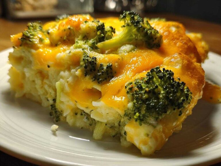 Close-up of a serving of cheesy broccoli rice, topped with melted cheddar cheese and bright green broccoli florets.