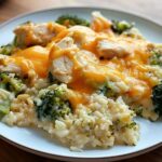 Close-up of a serving of cheesy chicken and rice mixed with bright green broccoli florets, topped with melted cheddar.