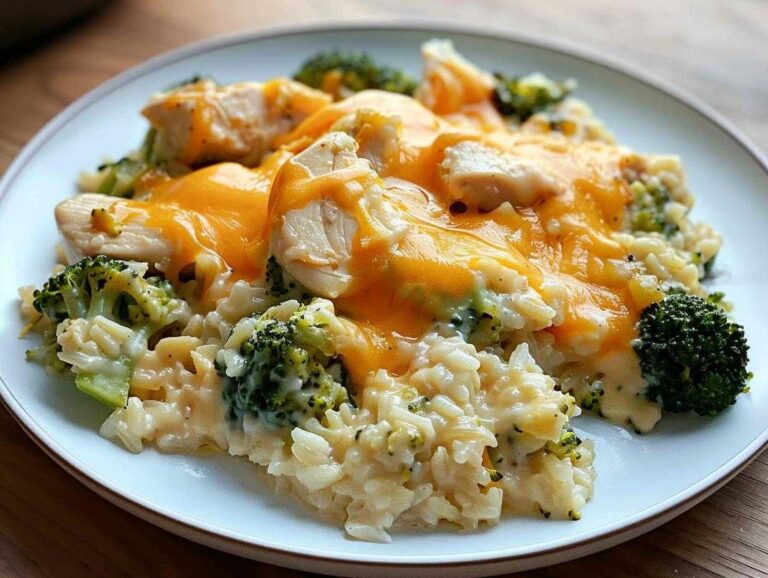 Close-up of a serving of cheesy chicken and rice mixed with bright green broccoli florets, topped with melted cheddar.