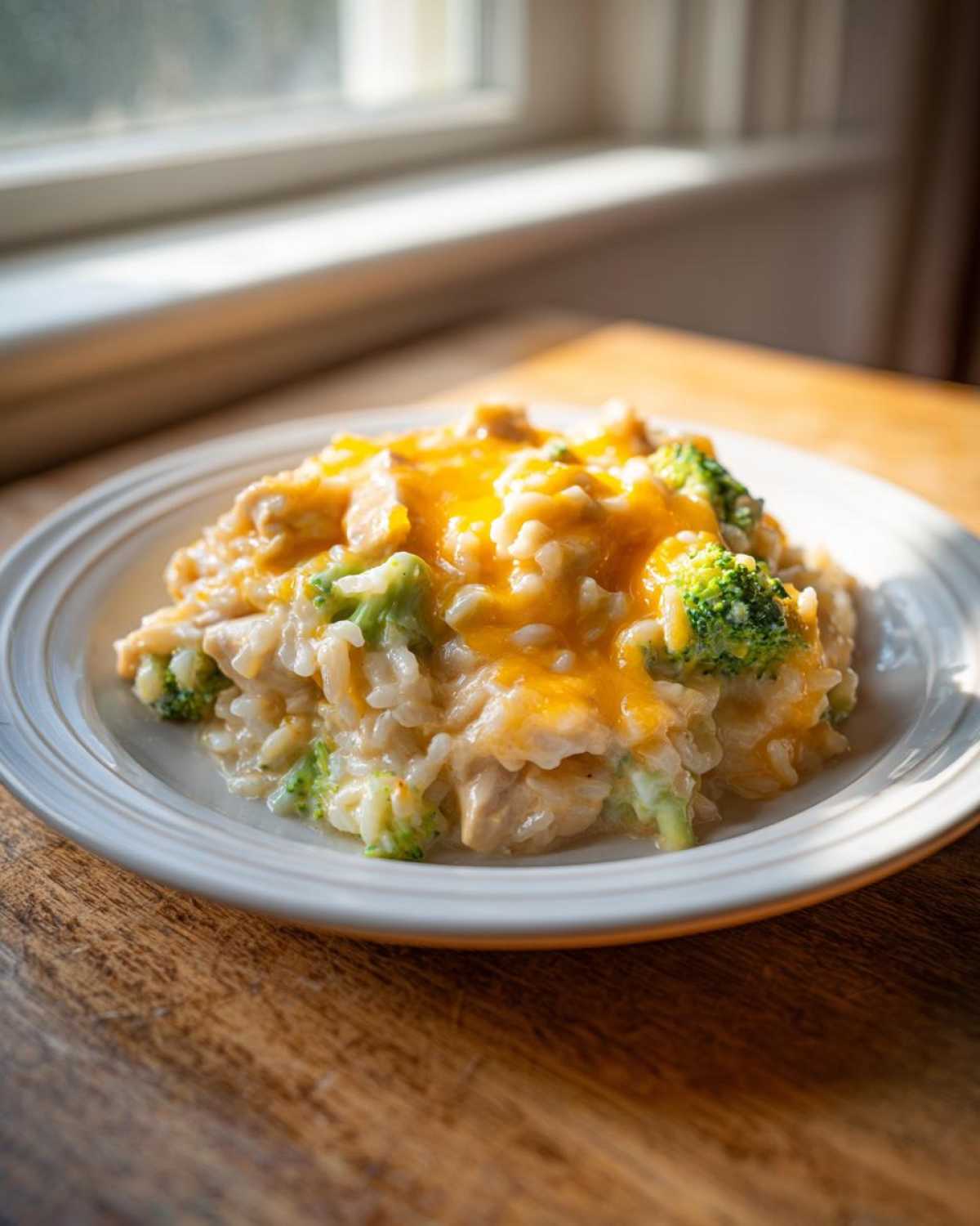 A serving of cheesy chicken and rice mixed with bright green broccoli florets, topped with melted cheddar cheese.