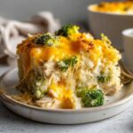 A close-up serving of creamy chicken broccoli rice casserole topped with melted cheddar cheese showing a dramatic cheese pull.