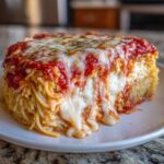 A thick, square slice of spaghetti pie showing melted mozzarella cheese dripping over pasta and marinara sauce.