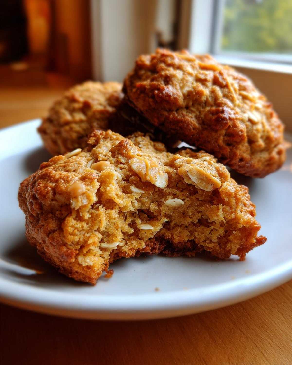 Close-up of a soft, golden-brown breakfast cookie with visible oats, one cookie having a bite taken out to show the texture.
