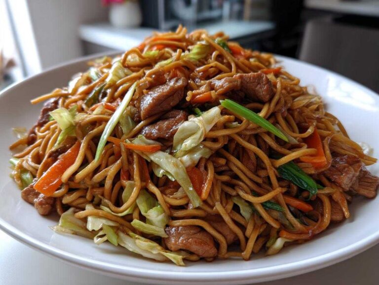A close-up of a large serving of homemade chicken chow mein recipe with noodles, chicken pieces, cabbage, and carrots.