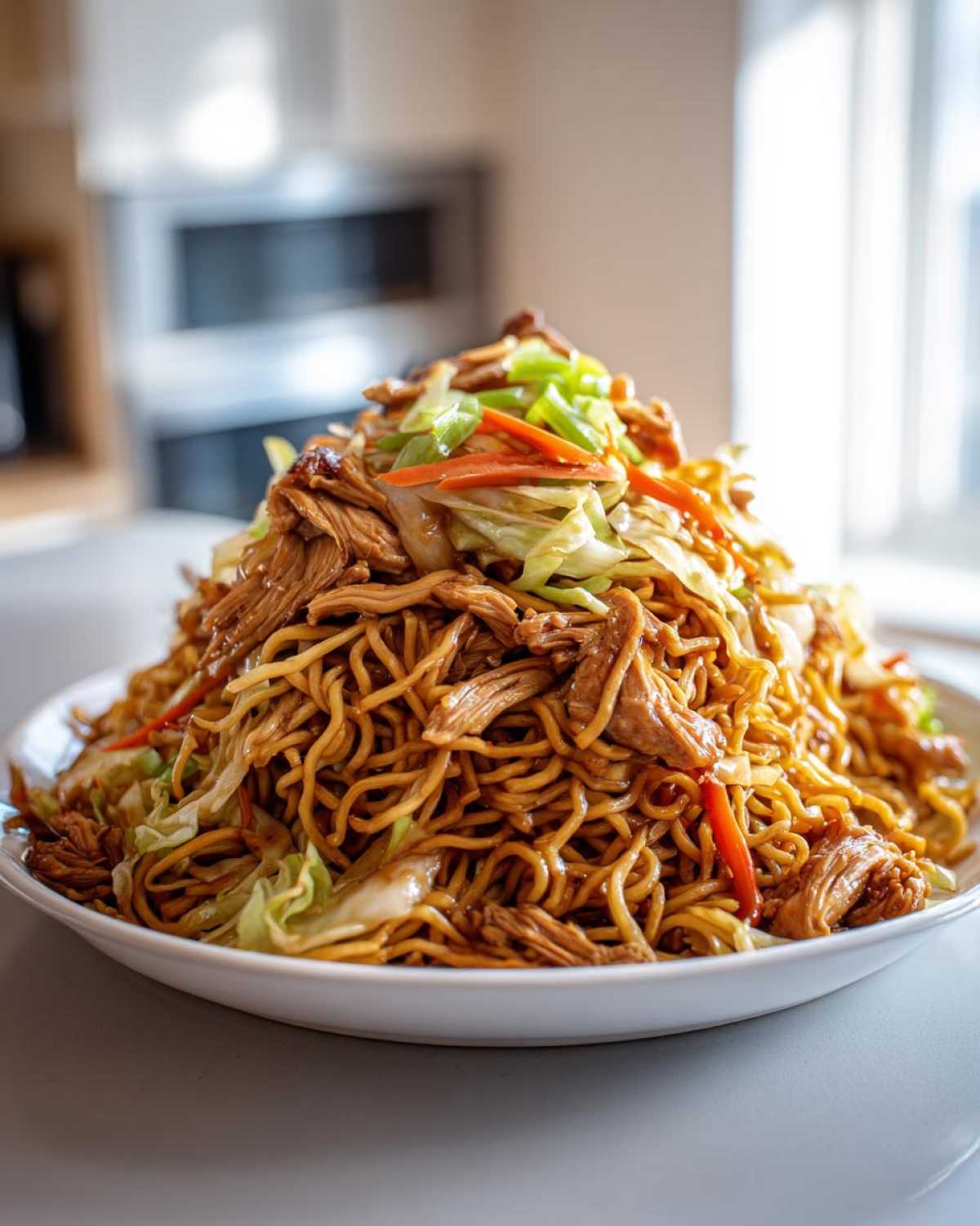 A large mound of freshly made chicken chow mein recipe piled high on a white plate.