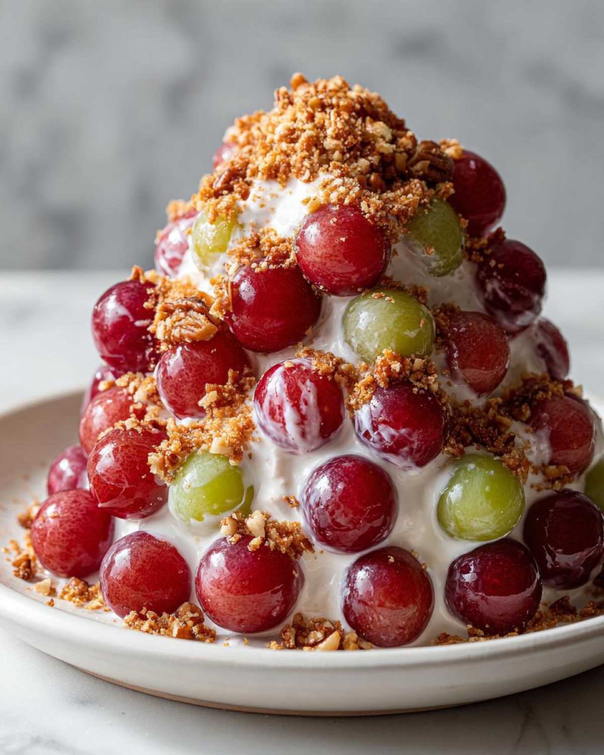 A mound of creamy grape salad featuring red and green grapes coated in dressing and topped with crunchy pecans, resembling chicken salad chick grape salad.
