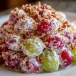 Close-up of creamy chicken salad chick grape salad mixture with red and green grapes coated in dressing and topped with pecans.