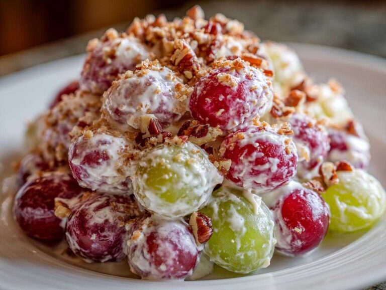 Close-up of creamy chicken salad chick grape salad mixture with red and green grapes coated in dressing and topped with pecans.