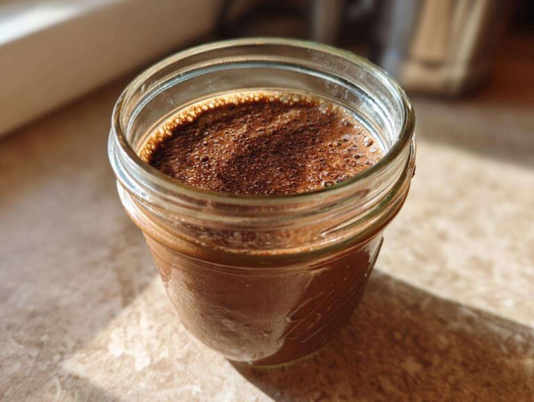 Close-up of rich chocolate overnight oats in a glass mason jar, ready to eat.