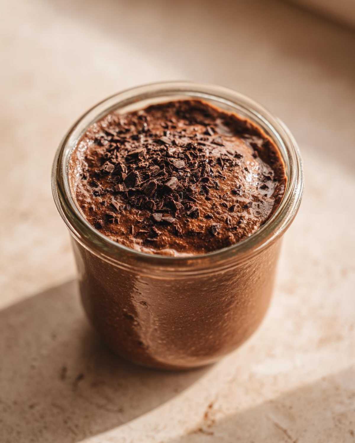 Overhead close-up of rich chocolate overnight oats topped with shaved chocolate in a small glass jar.