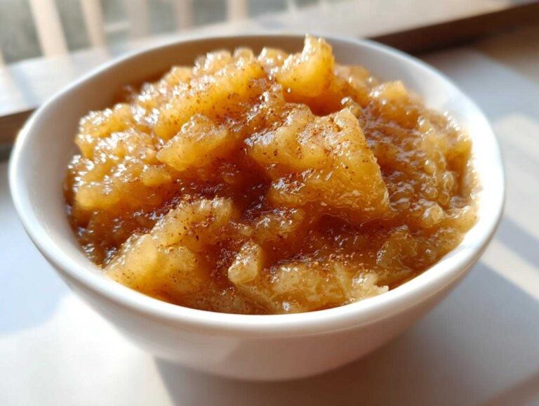 Close-up of chunky homemade applesauce in a white bowl, sprinkled with cinnamon.