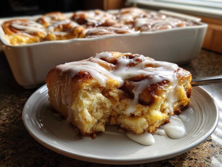 A close-up of a soft, gooey piece of cinnamon roll casserole topped with white icing, with the rest of the pan in the background.