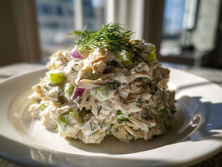 A mound of creamy cottage cheese chicken salad mixed with celery and red onion, topped with fresh dill.