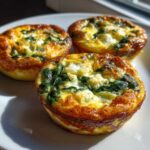 Three golden-brown Cottage Cheese Egg Cups With Spinach & Feta served on a white plate in bright sunlight.