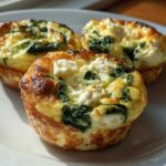 Three golden-brown Cottage Cheese Egg Cups With Spinach & Feta served on a white plate.