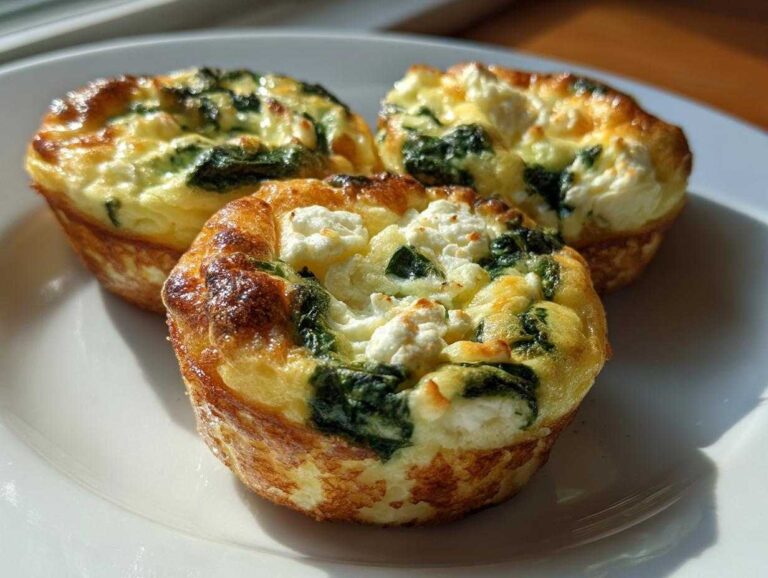 Three golden-brown Cottage Cheese Egg Cups With Spinach & Feta served on a white plate.
