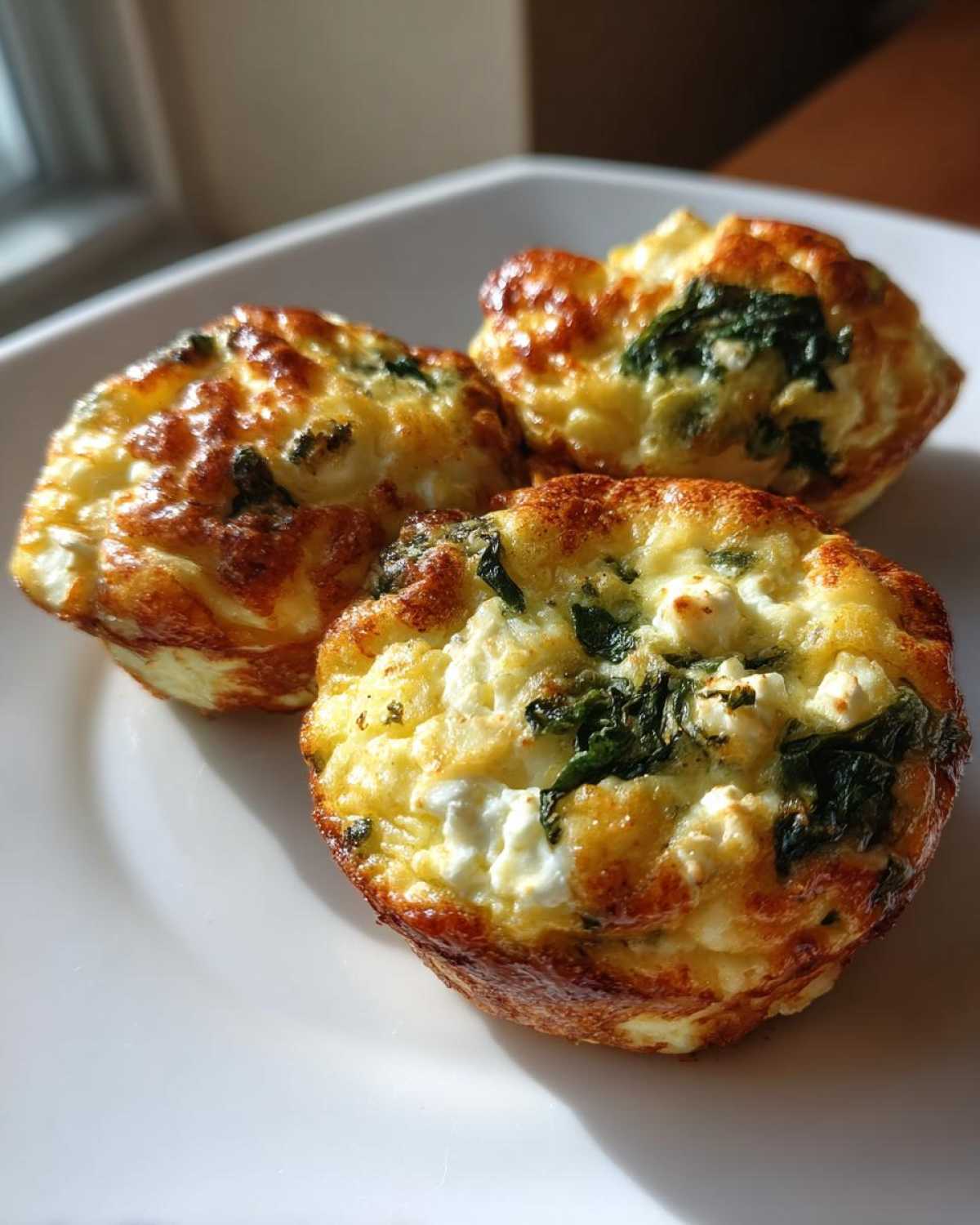 Three golden brown Cottage Cheese Egg Cups With Spinach & Feta served on a white plate.