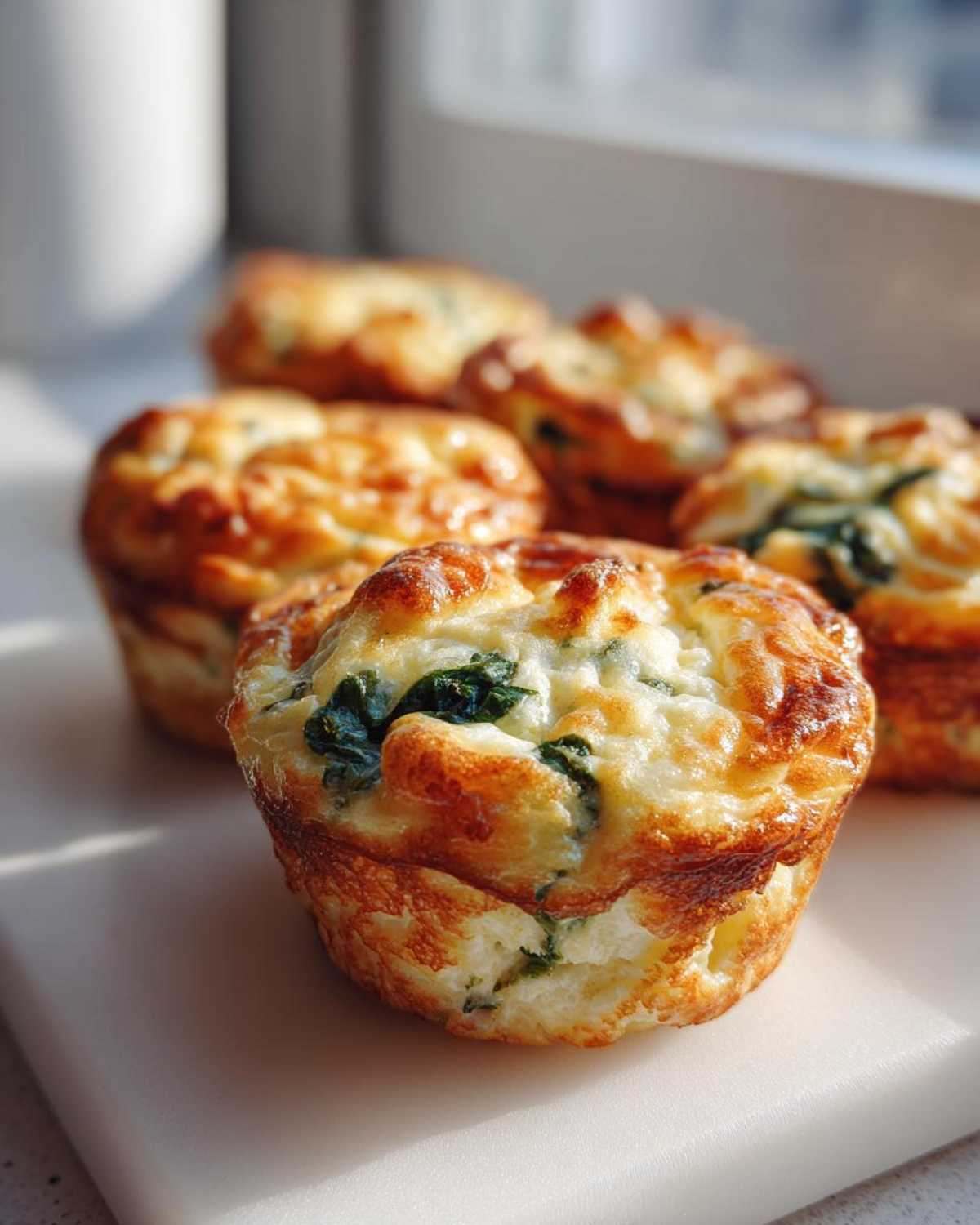 Close-up of freshly baked cottage cheese egg cups starbucks style, featuring a golden-brown top and visible spinach pieces.