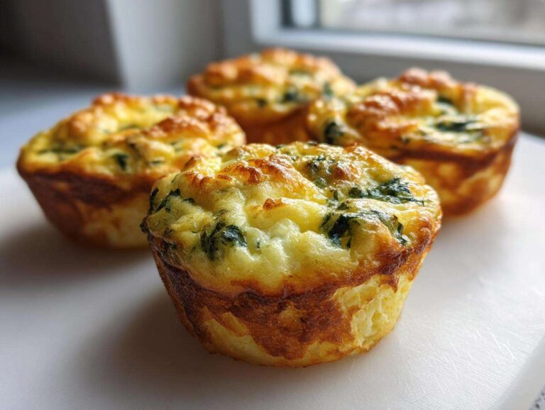 Four golden-brown cottage cheese egg cups with visible spinach, baked until fluffy.