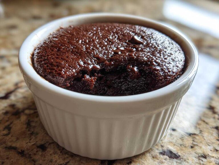 A rich, fudgy Cottage Cheese Microwave Brownie baked in a white, fluted ramekin.