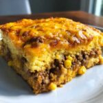 A close-up slice of cowboy cornbread casserole showing layers of seasoned ground beef, corn, and a cheesy cornbread topping.