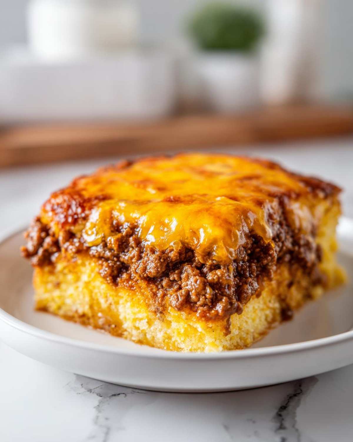 A square slice of cowboy cornbread casserole topped with chili and melted cheddar cheese.