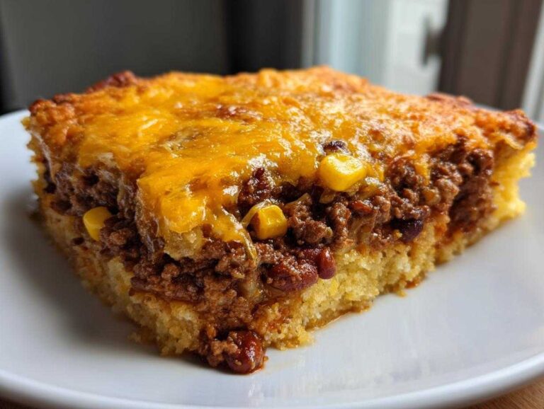 A close-up slice of cowboy cornbread casserole featuring a layer of seasoned ground beef, corn, and beans topped with melted cheddar cheese.