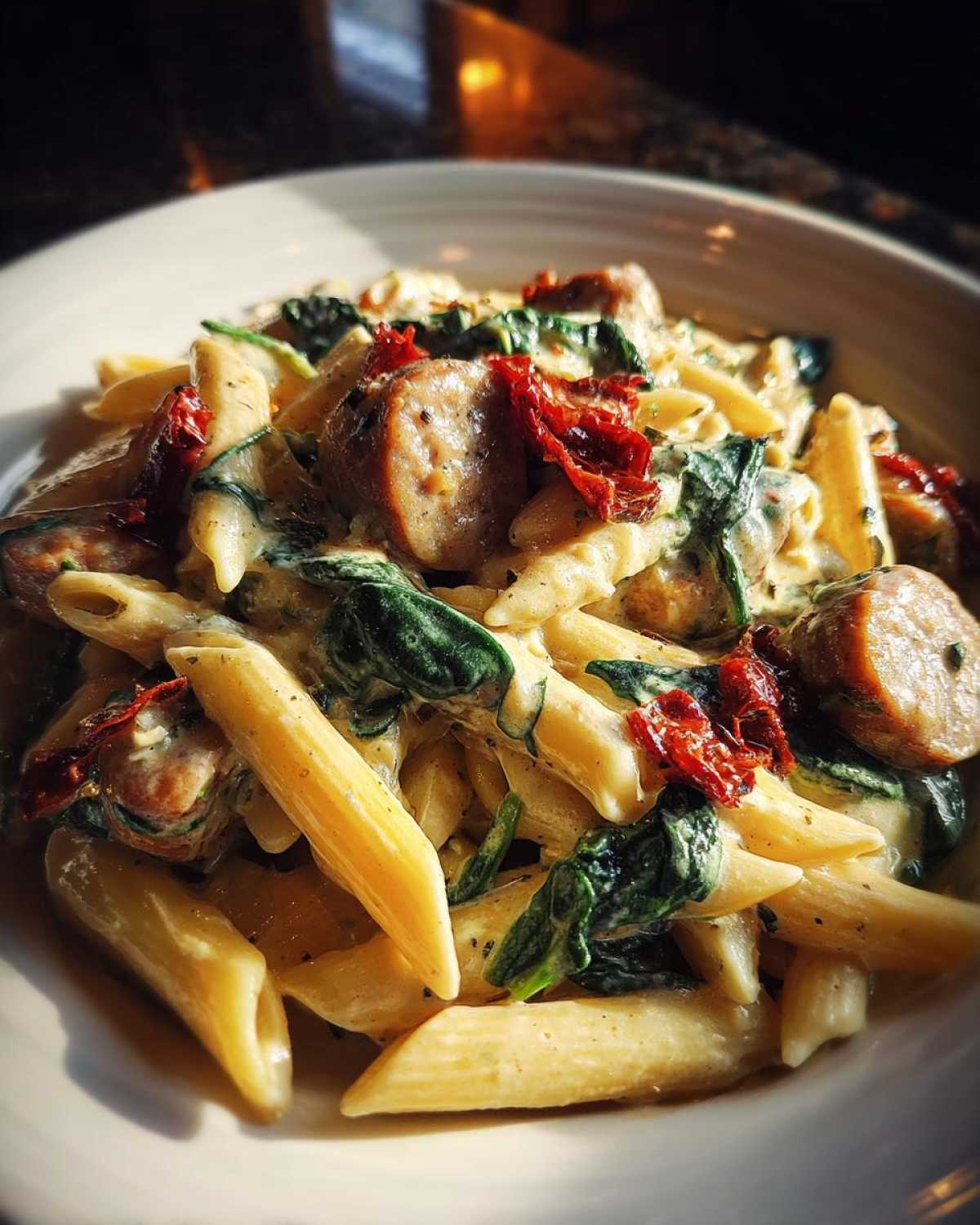 Close-up of creamy chicken sausage pasta featuring penne, spinach, and sun-dried tomatoes in a rich sauce.
