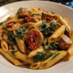 Close-up of creamy chicken sausage pasta featuring penne, spinach, and sun-dried tomatoes in a rich sauce.