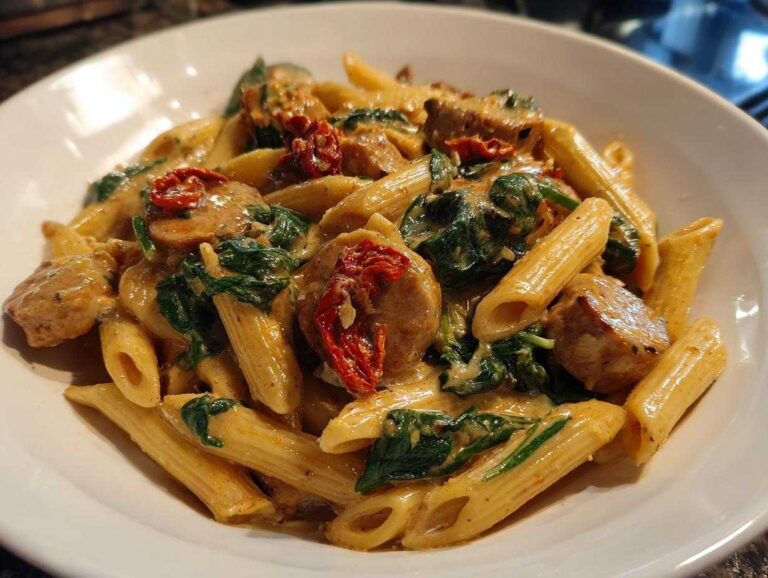 Close-up of creamy chicken sausage pasta featuring penne, spinach, and sun-dried tomatoes in a rich sauce.