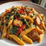 A close-up of creamy chicken sausage pasta featuring penne, sliced sausage, wilted spinach, and sun-dried tomatoes.