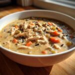 Close-up of a bowl of creamy chicken wild rice soup topped with shredded chicken, carrots, and celery.