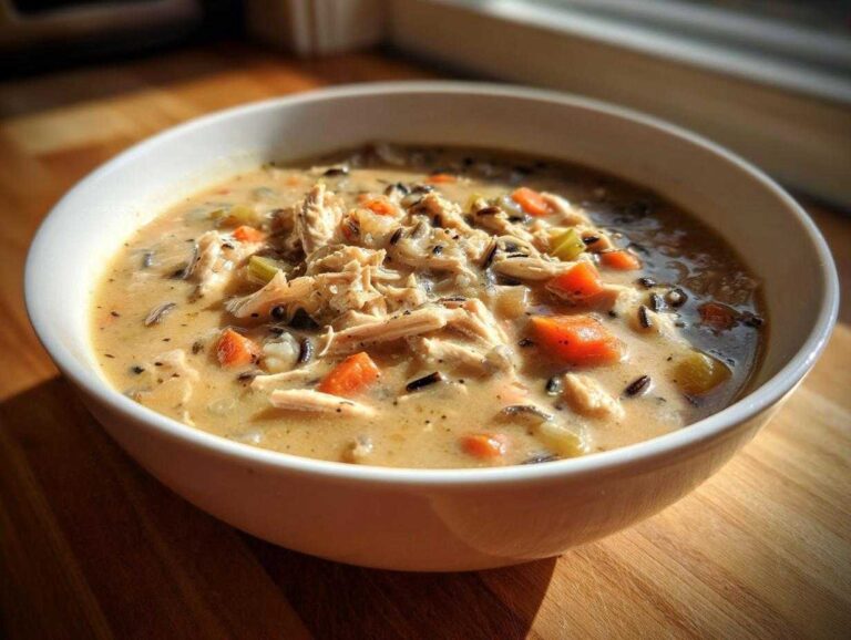 Close-up of a bowl of creamy chicken wild rice soup topped with shredded chicken, carrots, and celery.