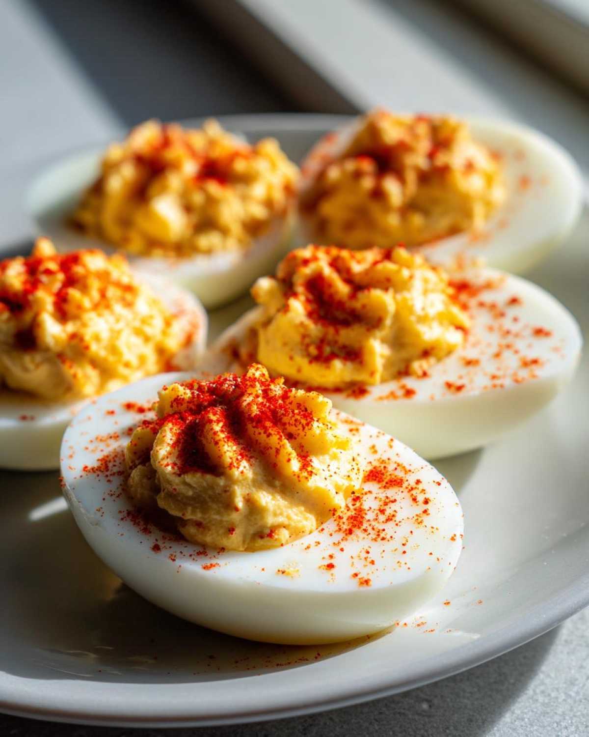 Close-up of creamy deviled eggs piped high and sprinkled generously with bright red paprika.