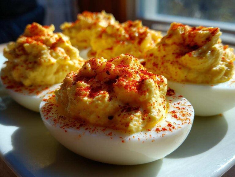 Close-up of creamy deviled eggs piped high and dusted generously with bright red paprika.